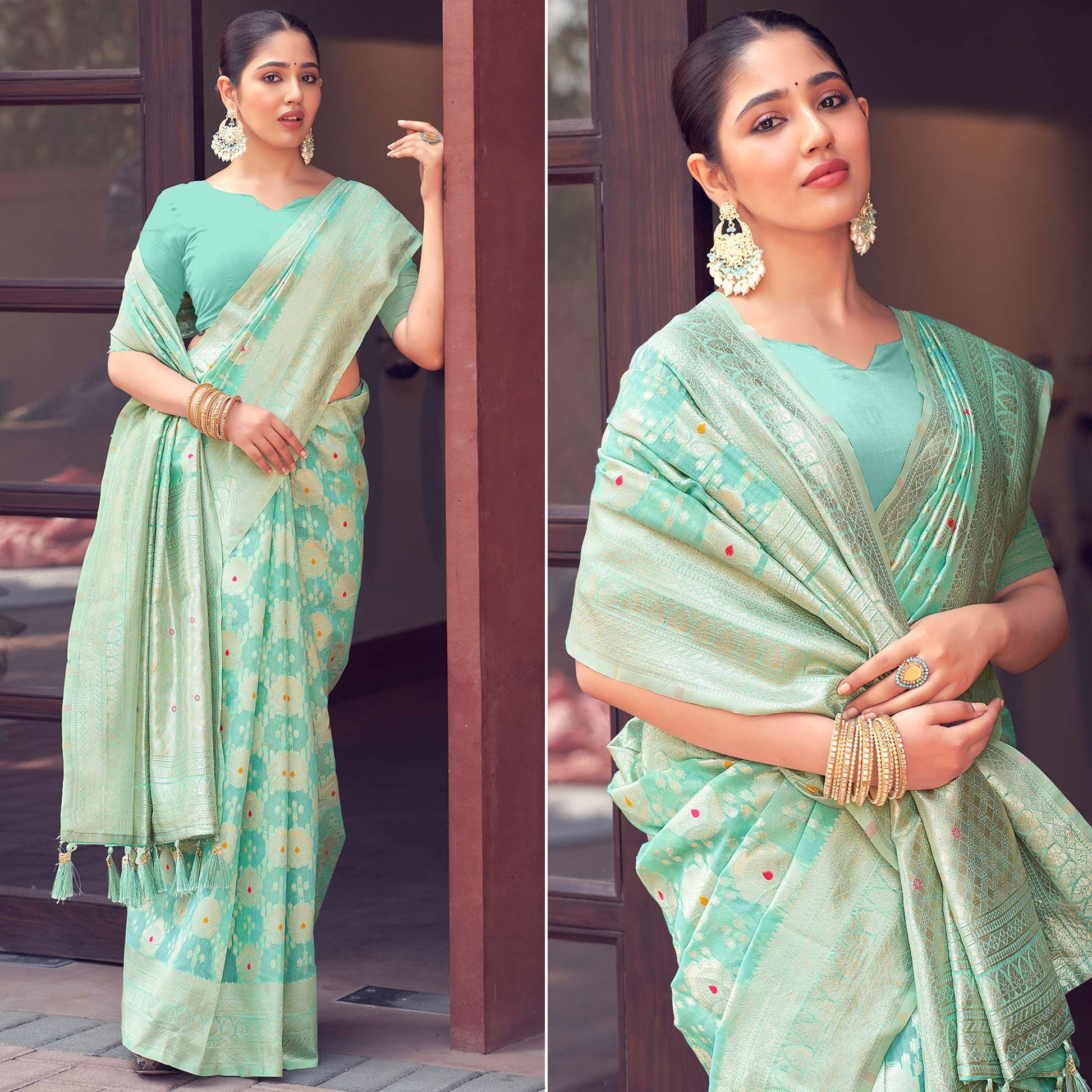 Light Rama Green Woven Cotton Silk Saree With Tassels