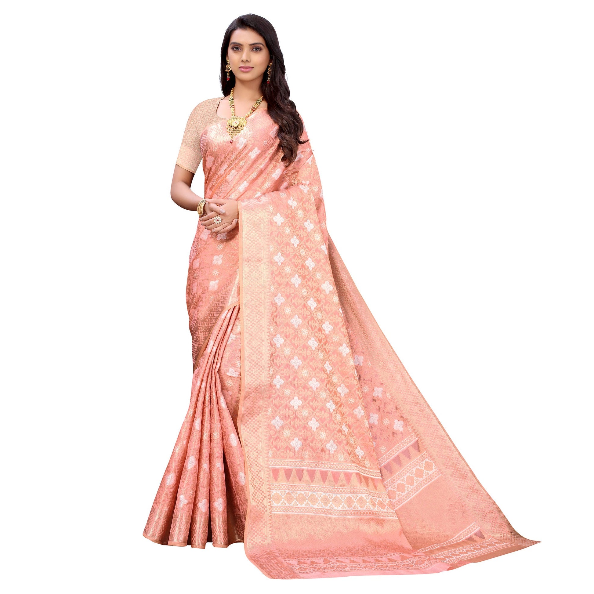 Dark Peach Festive Wear Woven Silk Saree