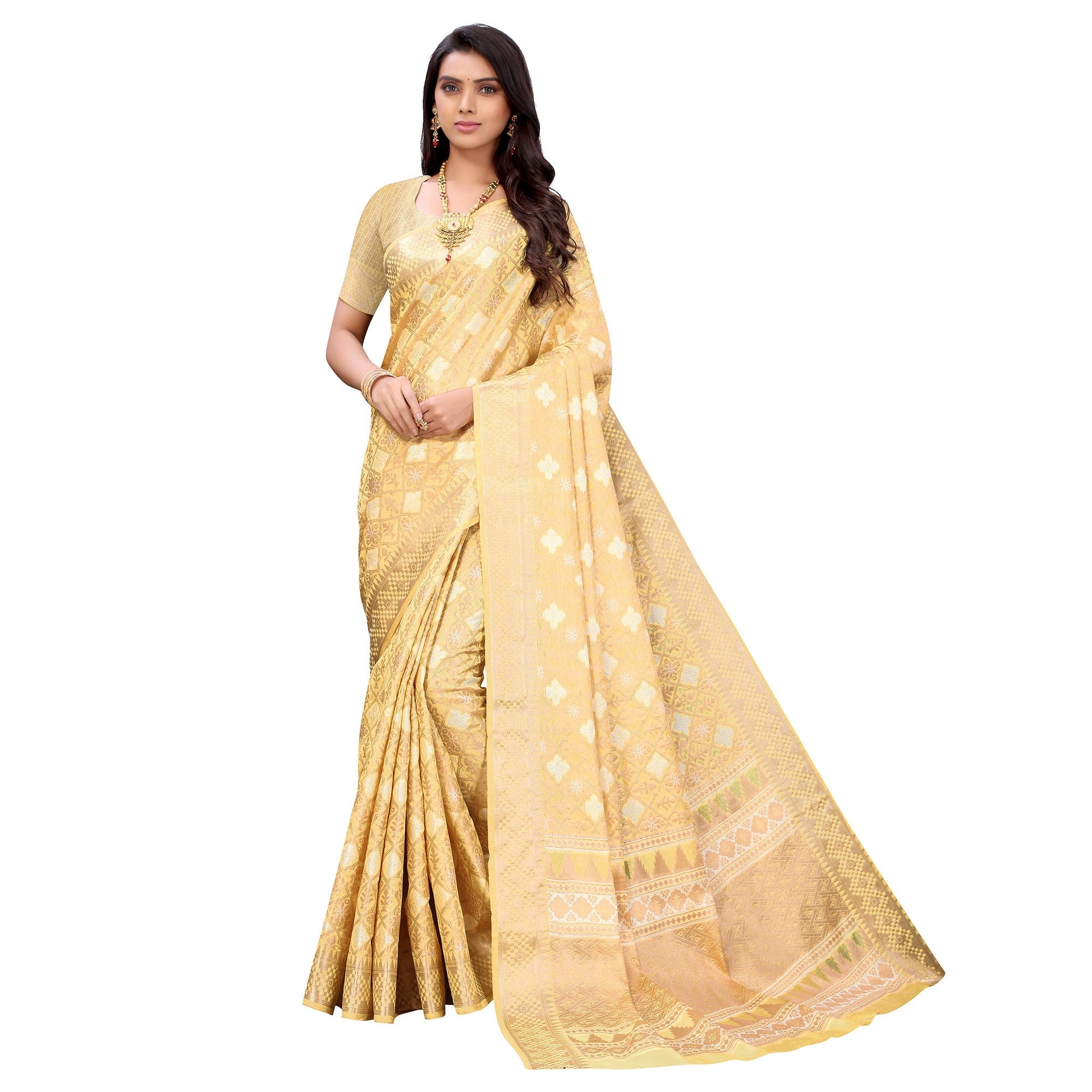 Cream Festive Wear Woven Silk Saree
