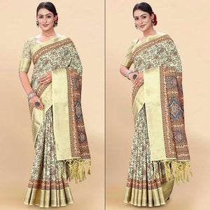 Light Yellow Floral Digital Printed Pure Cotton Saree