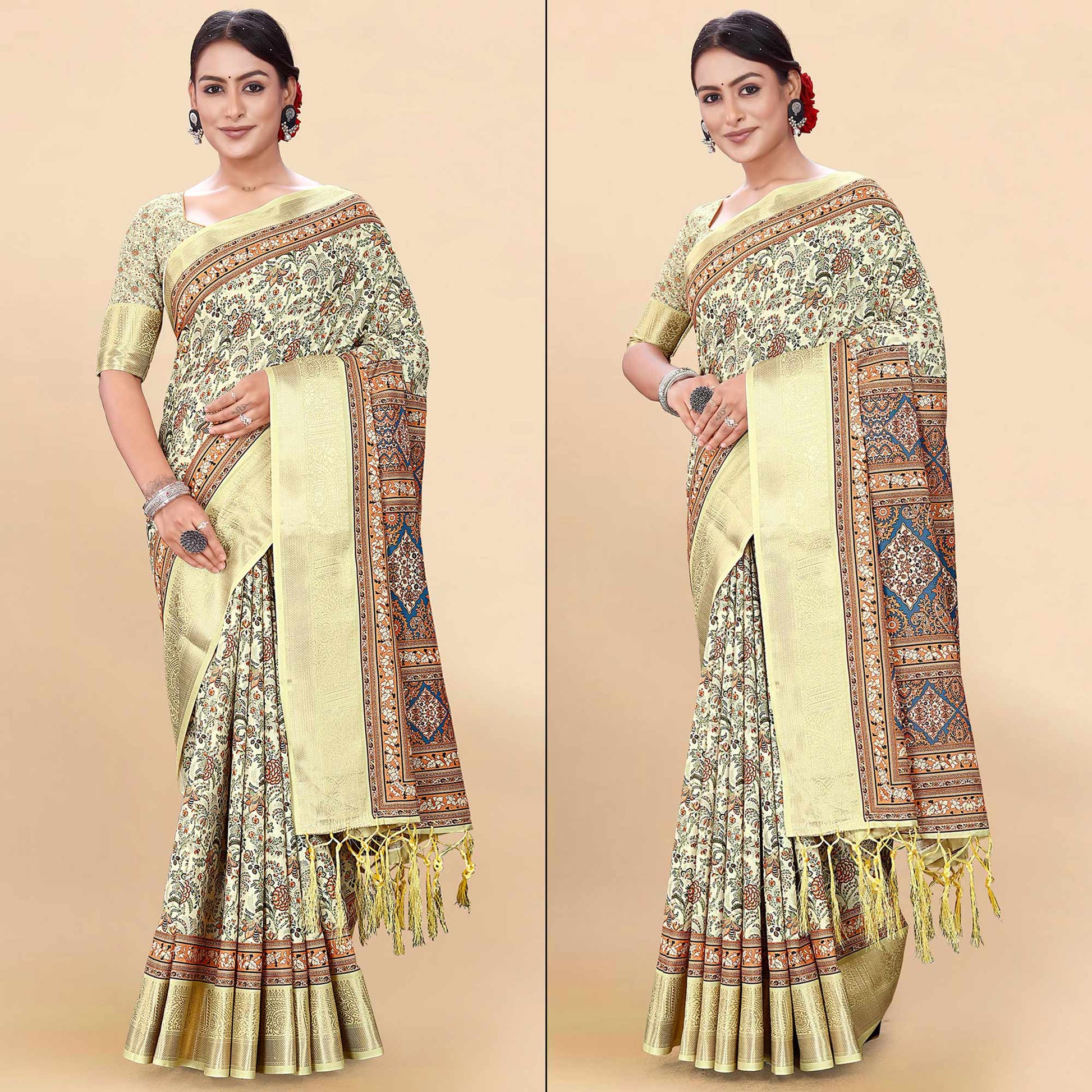 Light Yellow Floral Digital Printed Pure Cotton Saree