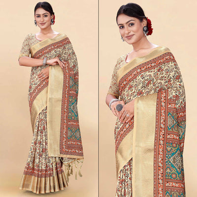 Cream Floral Digital Printed Pure Cotton Saree