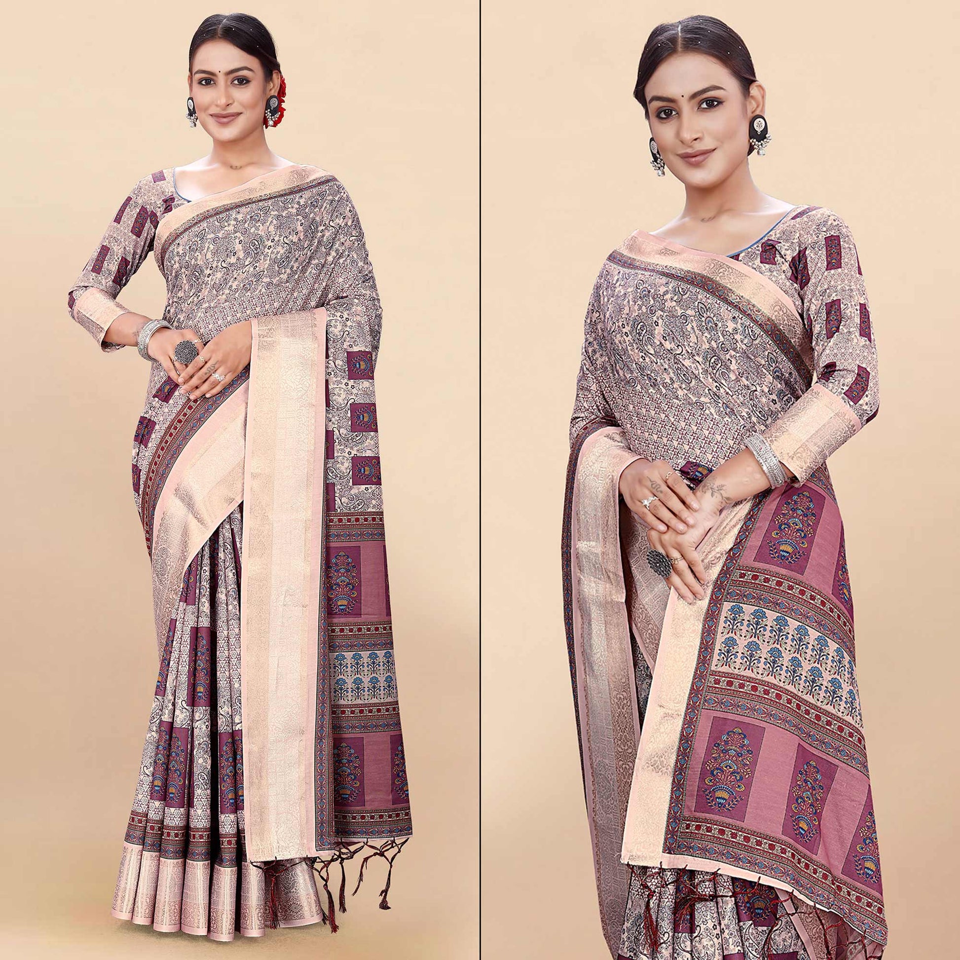 Light Pink Floral Digital Printed Pure Cotton Saree