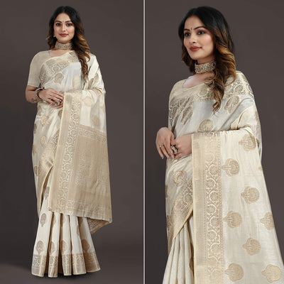 Cream Floral Woven Raw Silk Saree