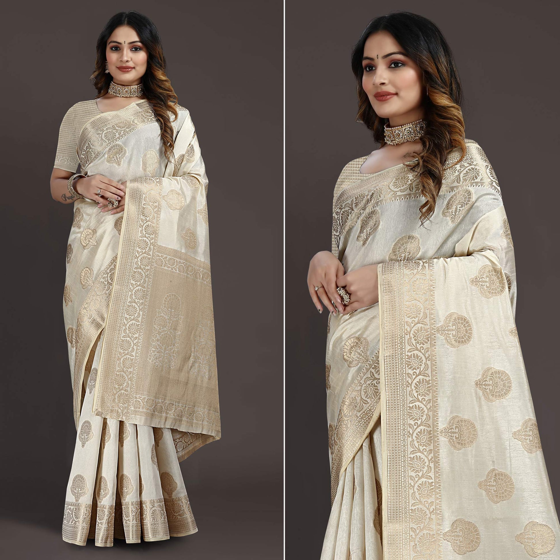 Cream Floral Woven Raw Silk Saree
