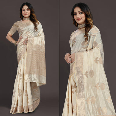 Cream Floral Woven Raw Silk Saree