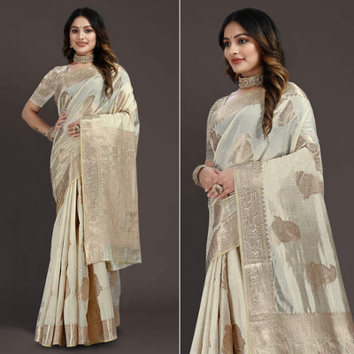 Cream Floral Woven Raw Silk Saree