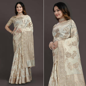 Cream Floral Woven Raw Silk Saree