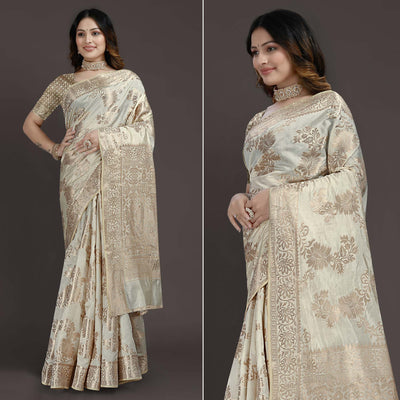 Cream Floral Woven Raw Silk Saree