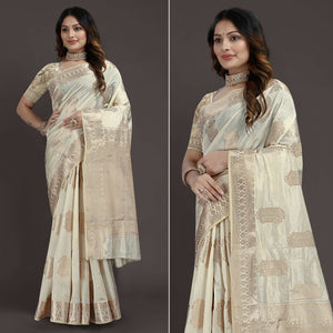 Cream Floral Woven Raw Silk Saree