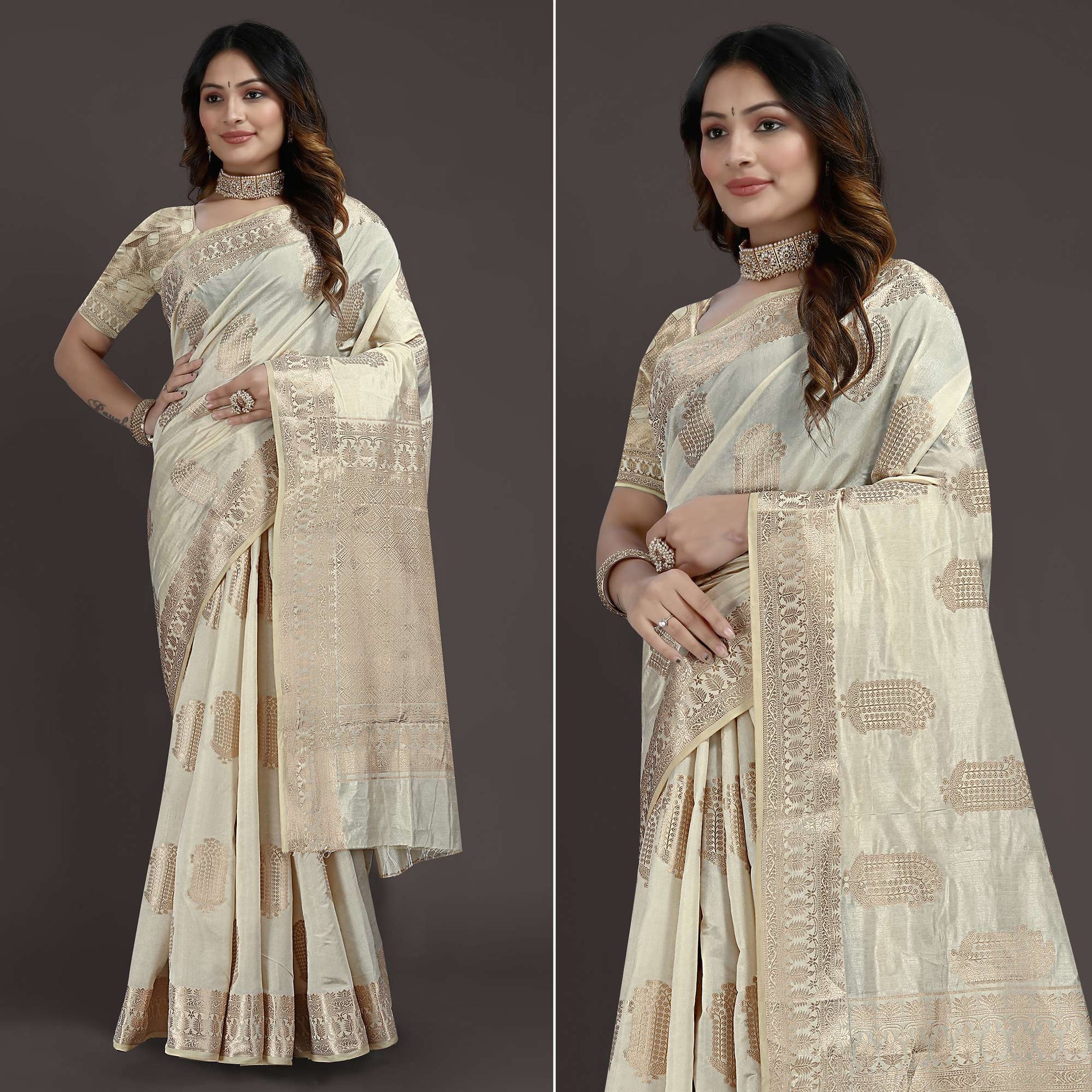 Cream Floral Woven Raw Silk Saree