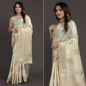 Cream Floral Woven Raw Silk Saree