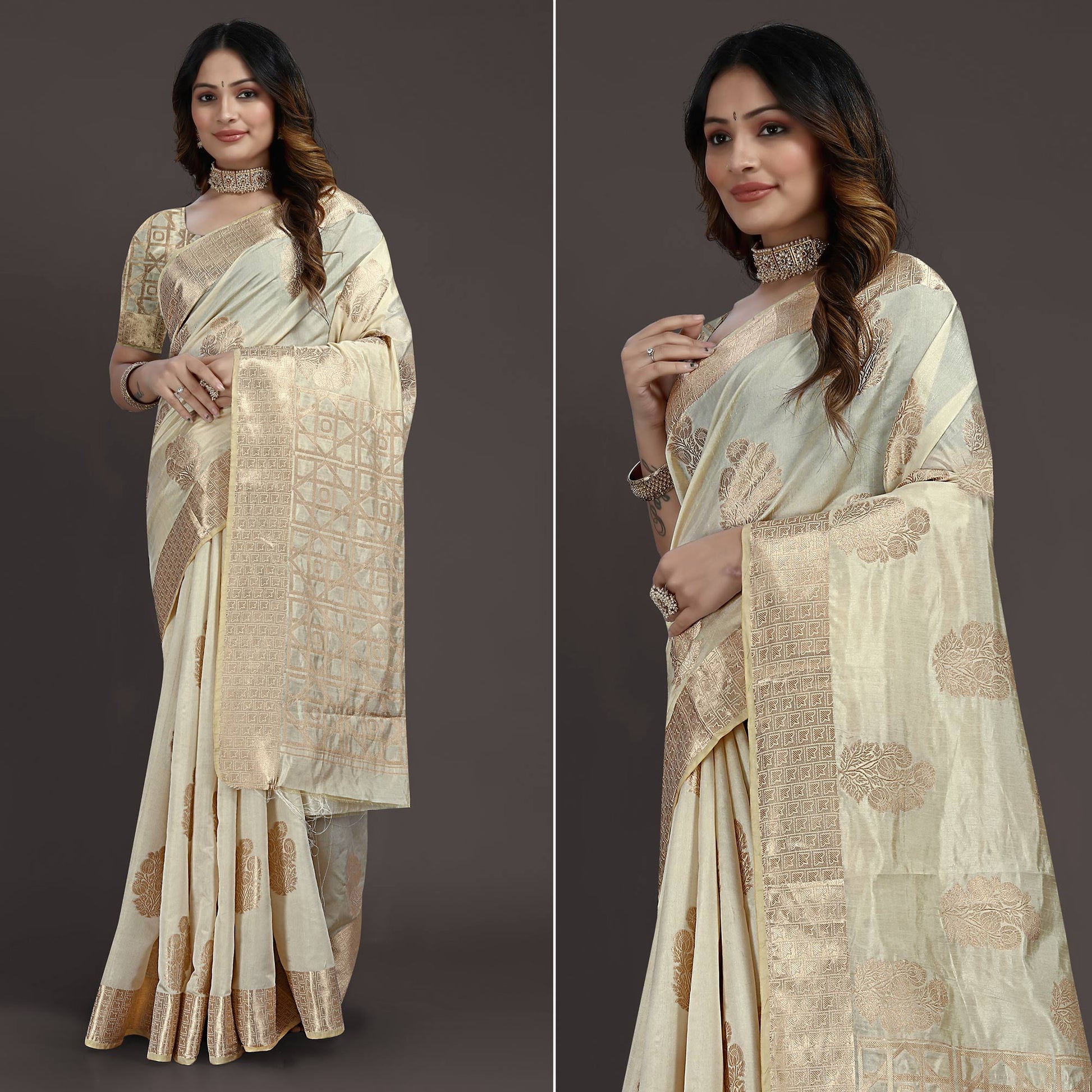 Cream Floral Woven Raw Silk Saree