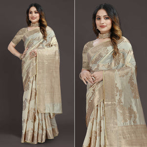 Cream Floral Woven Raw Silk Saree