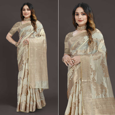 Cream Floral Woven Raw Silk Saree