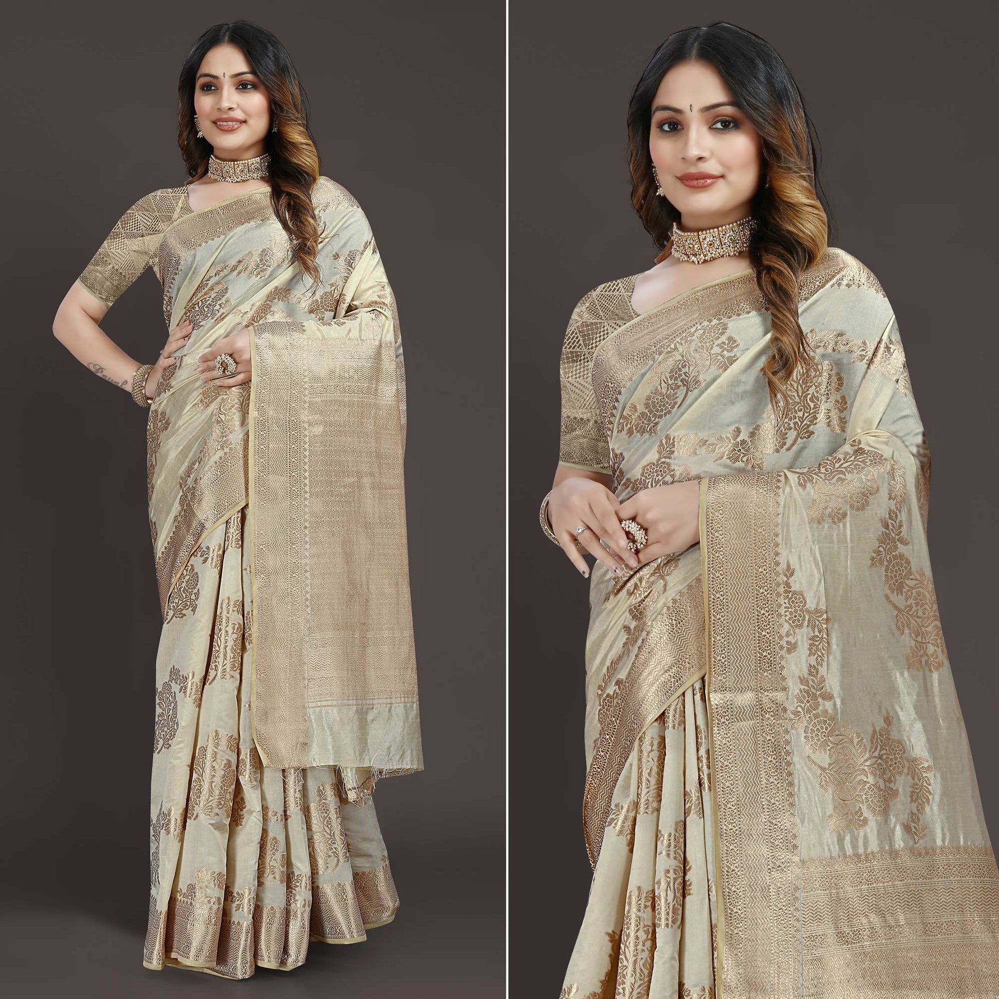Cream Floral Woven Raw Silk Saree