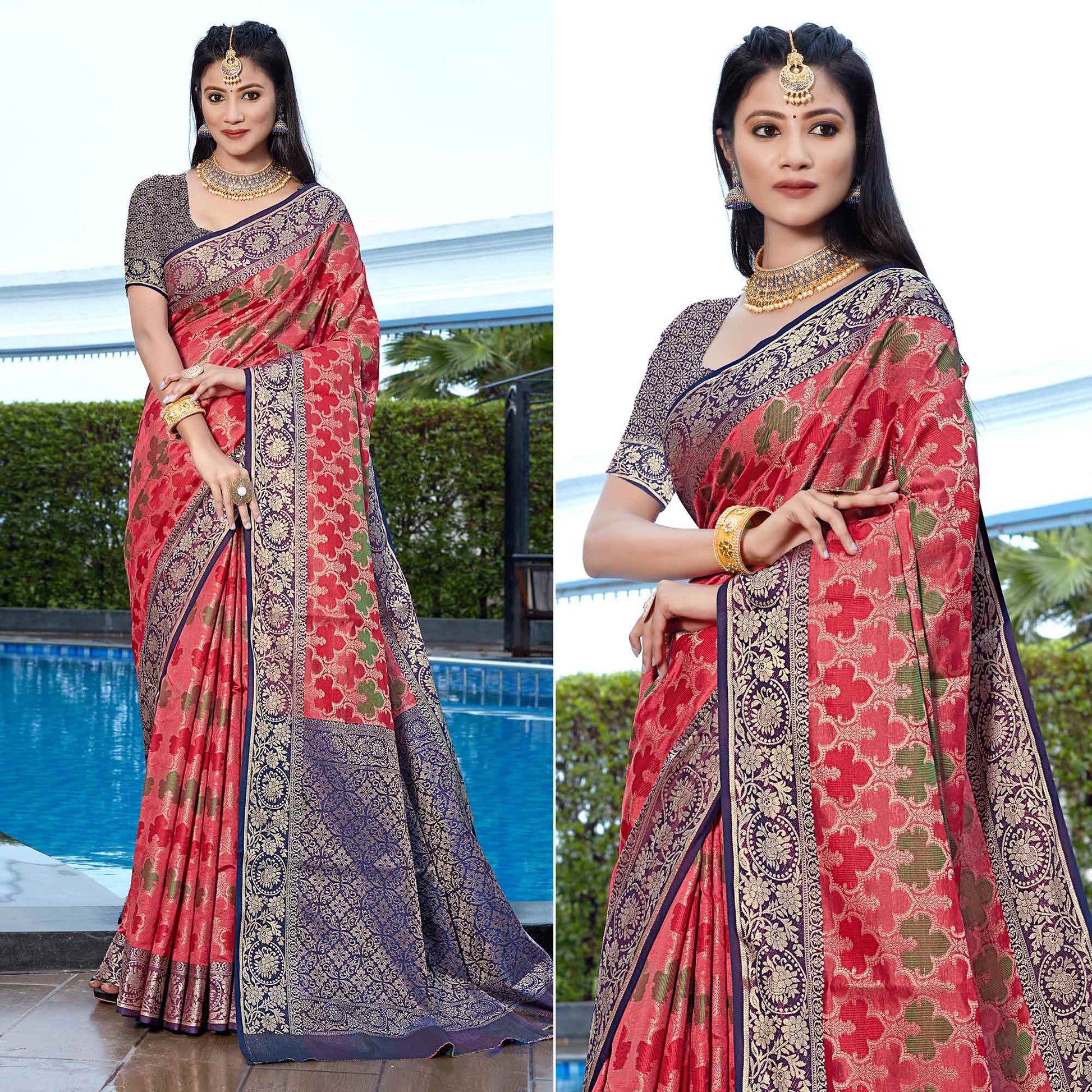 Gajari Pink Floral Woven Art Silk Saree