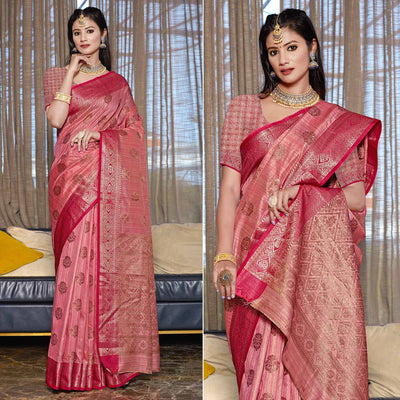 Gajari Pink Floral Woven Cotton Blend Saree