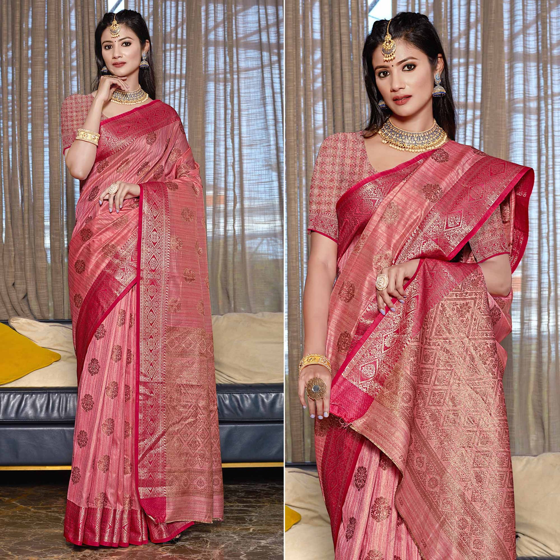 Gajari Pink Floral Woven Cotton Blend Saree