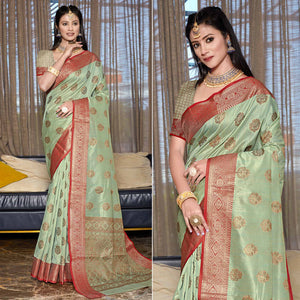 green-floral-woven-cotton-blend-saree