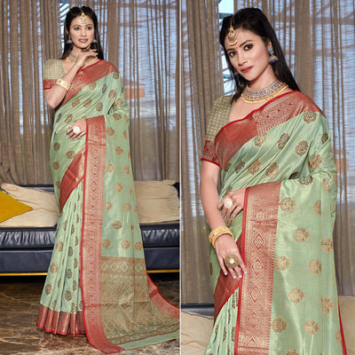 green-floral-woven-cotton-blend-saree