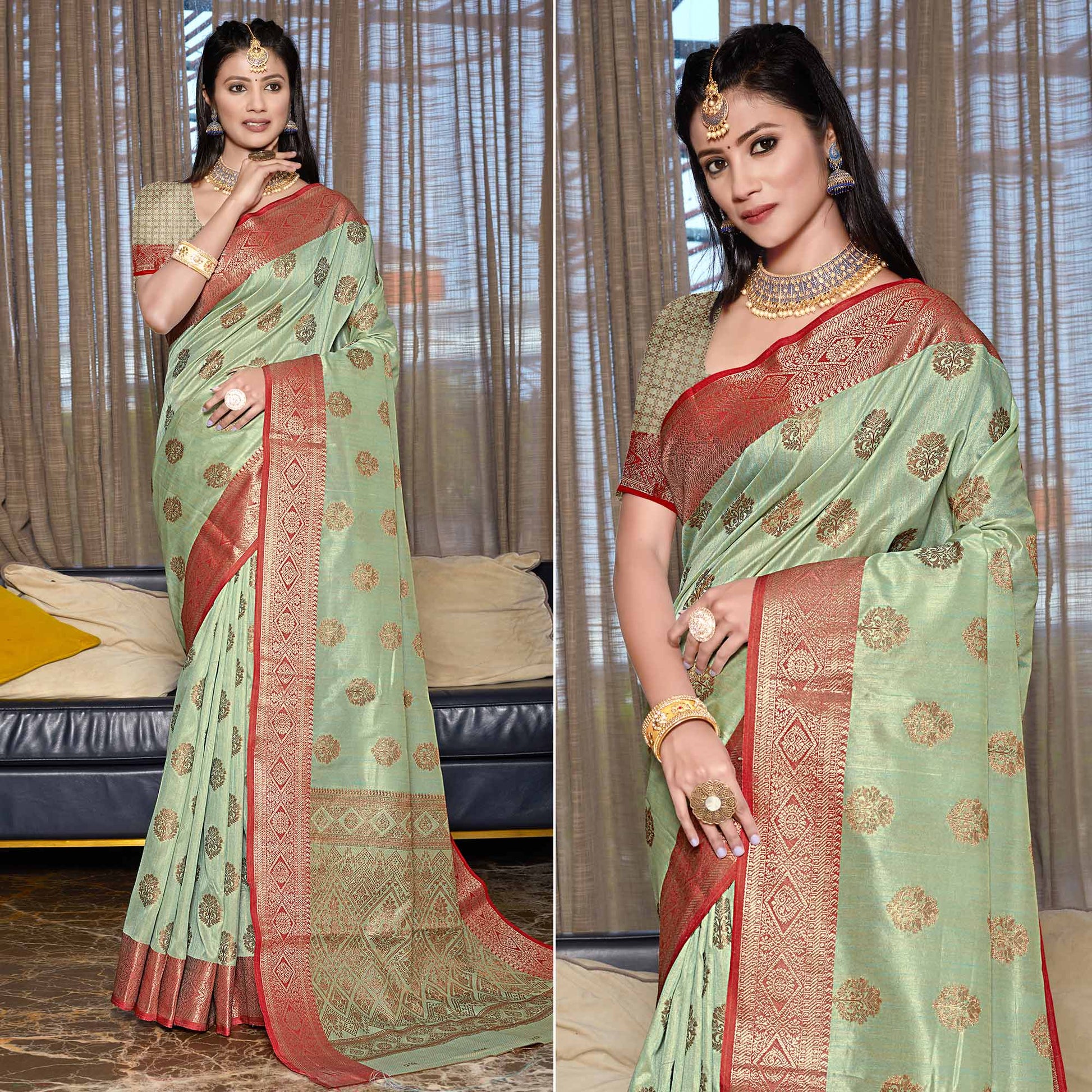 green-floral-woven-cotton-blend-saree
