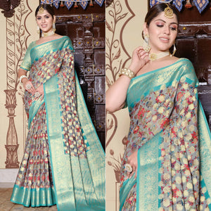 grey-turquoise-floral-printed-pure-cotton-saree