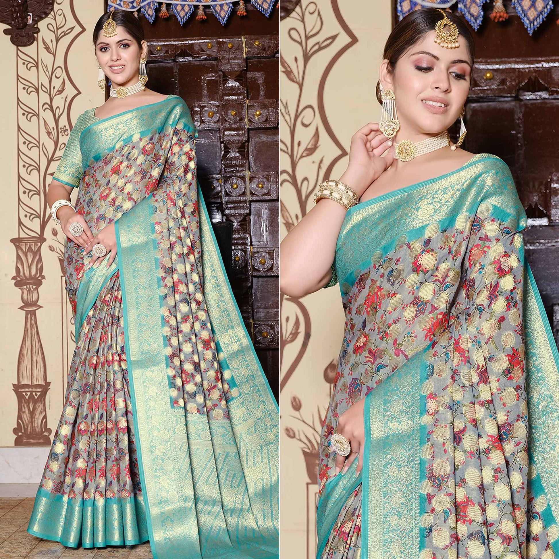 grey-turquoise-floral-printed-pure-cotton-saree