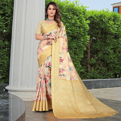 Cream & Yellow Floral Printed Pure Cotton Saree