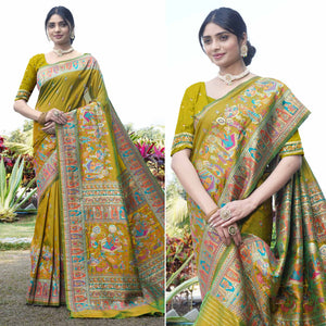 Lemon Green Woven Pure Silk Saree