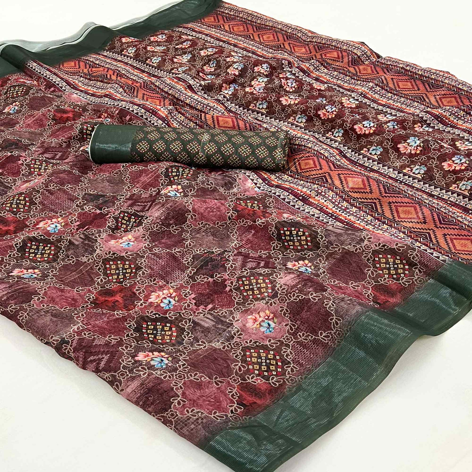 Maroon Floral Digital Printed Cotton Blend Saree