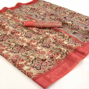 Cream & Gajari Digital Printed Cotton Blend Saree