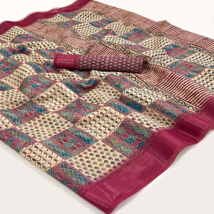 Cream & Burgundy Digital Printed Cotton Blend Saree