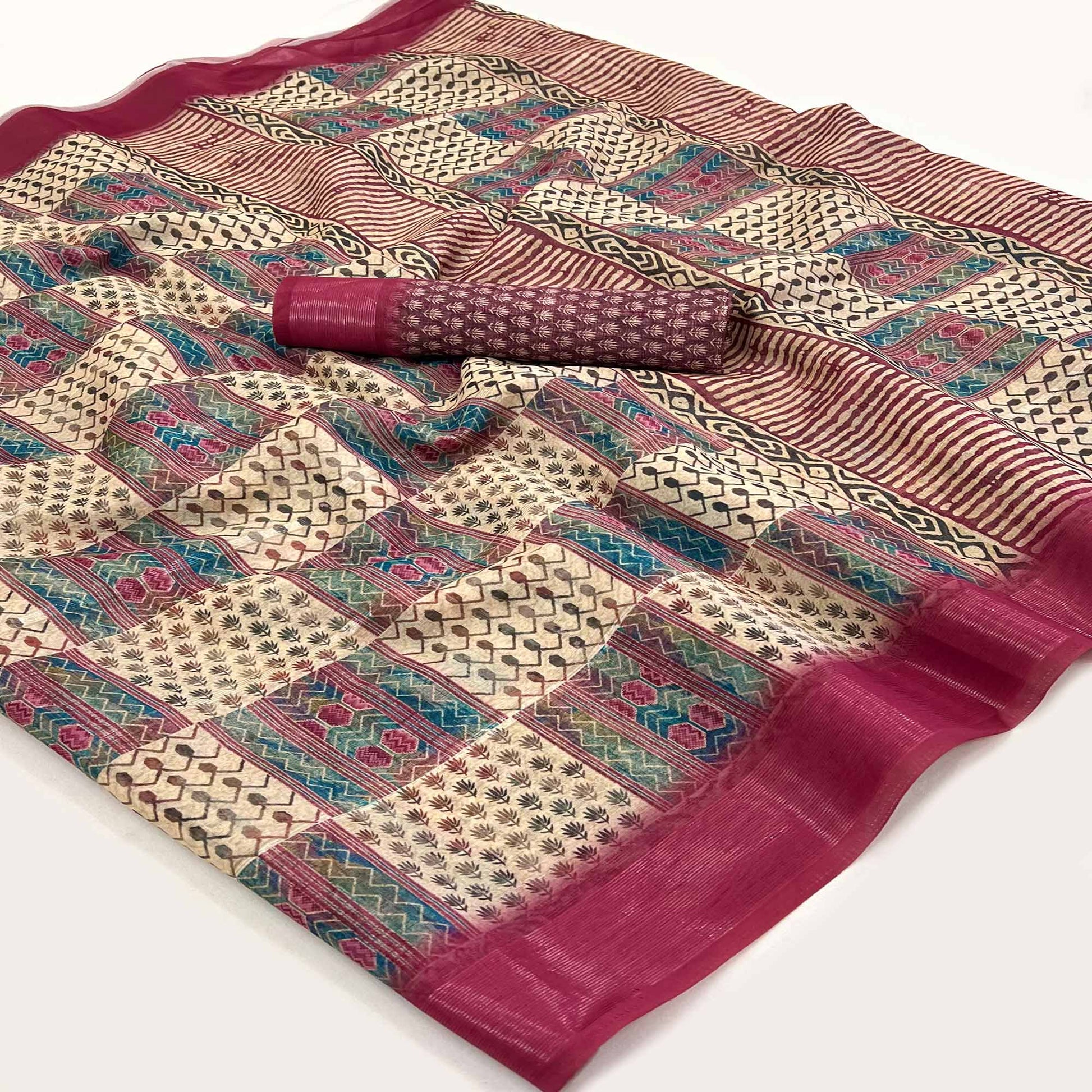Cream & Burgundy Digital Printed Cotton Blend Saree