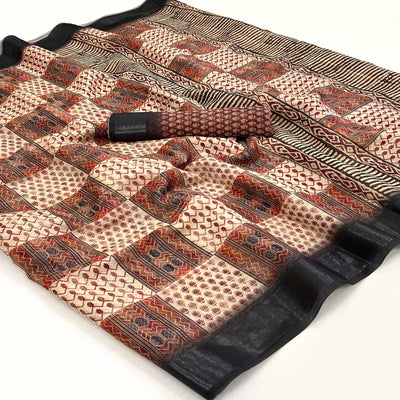 Cream & Black Digital Printed Cotton Blend Saree