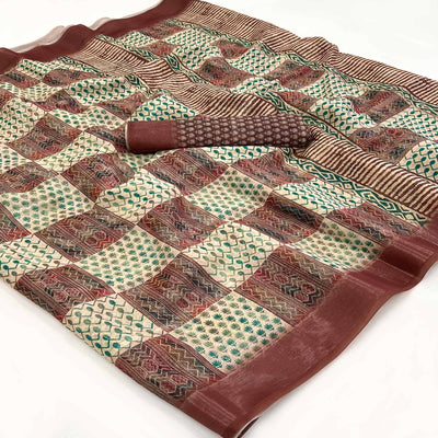 Cream & Brown Digital Printed Cotton Blend Saree