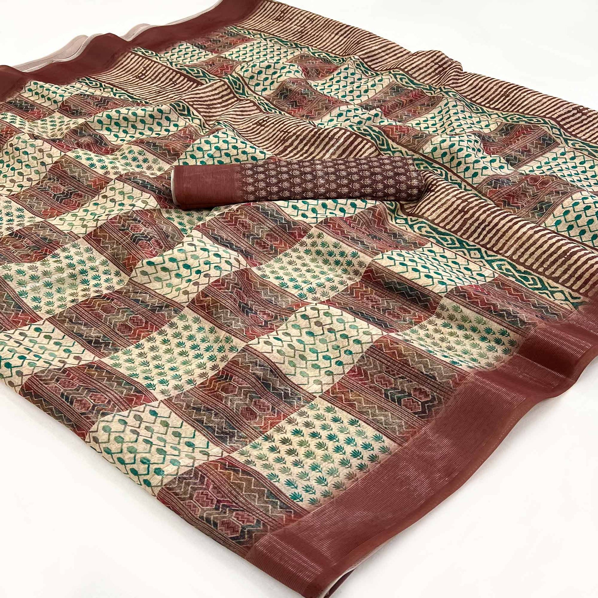 Cream & Brown Digital Printed Cotton Blend Saree