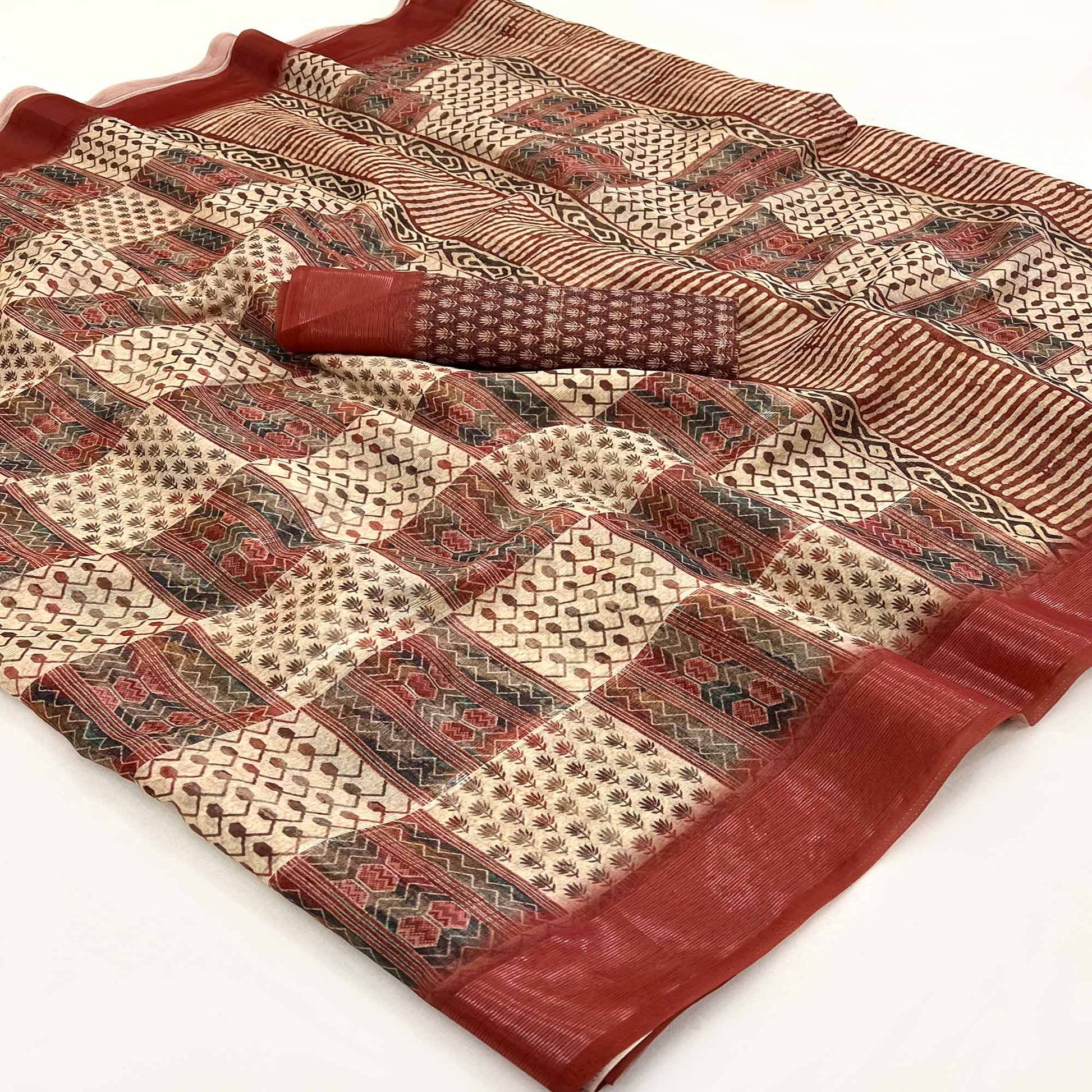 Cream & Rust Digital Printed Cotton Blend Saree