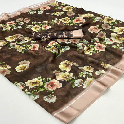 Brown Digital Printed Georgette Saree