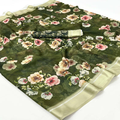 Green Digital Printed Georgette Saree