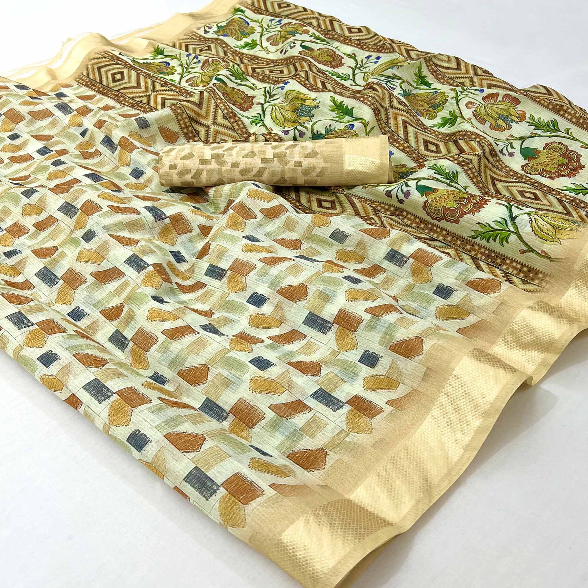 Cream Geometric Digital Printed Cotton Blend Saree