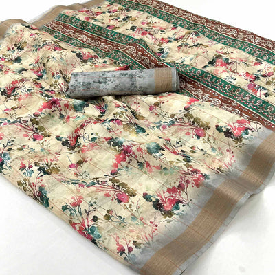 Cream & Grey Floral Digital Printed Cotton Blend Saree