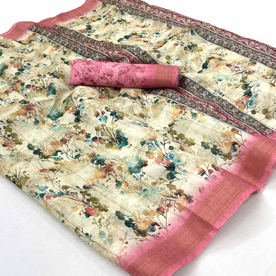 Cream & Pink Floral Digital Printed Cotton Blend Saree