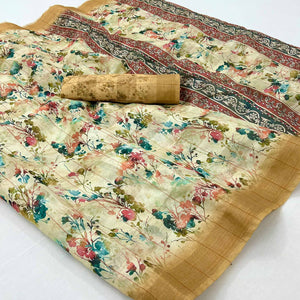 Cream & Brown Floral Digital Printed Cotton Blend Saree