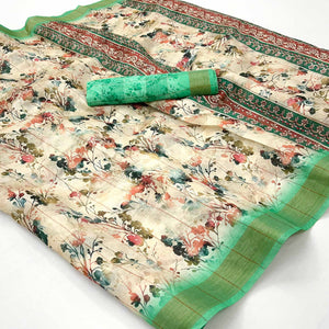 Cream & Rama Green Floral Digital Printed Cotton Blend Saree