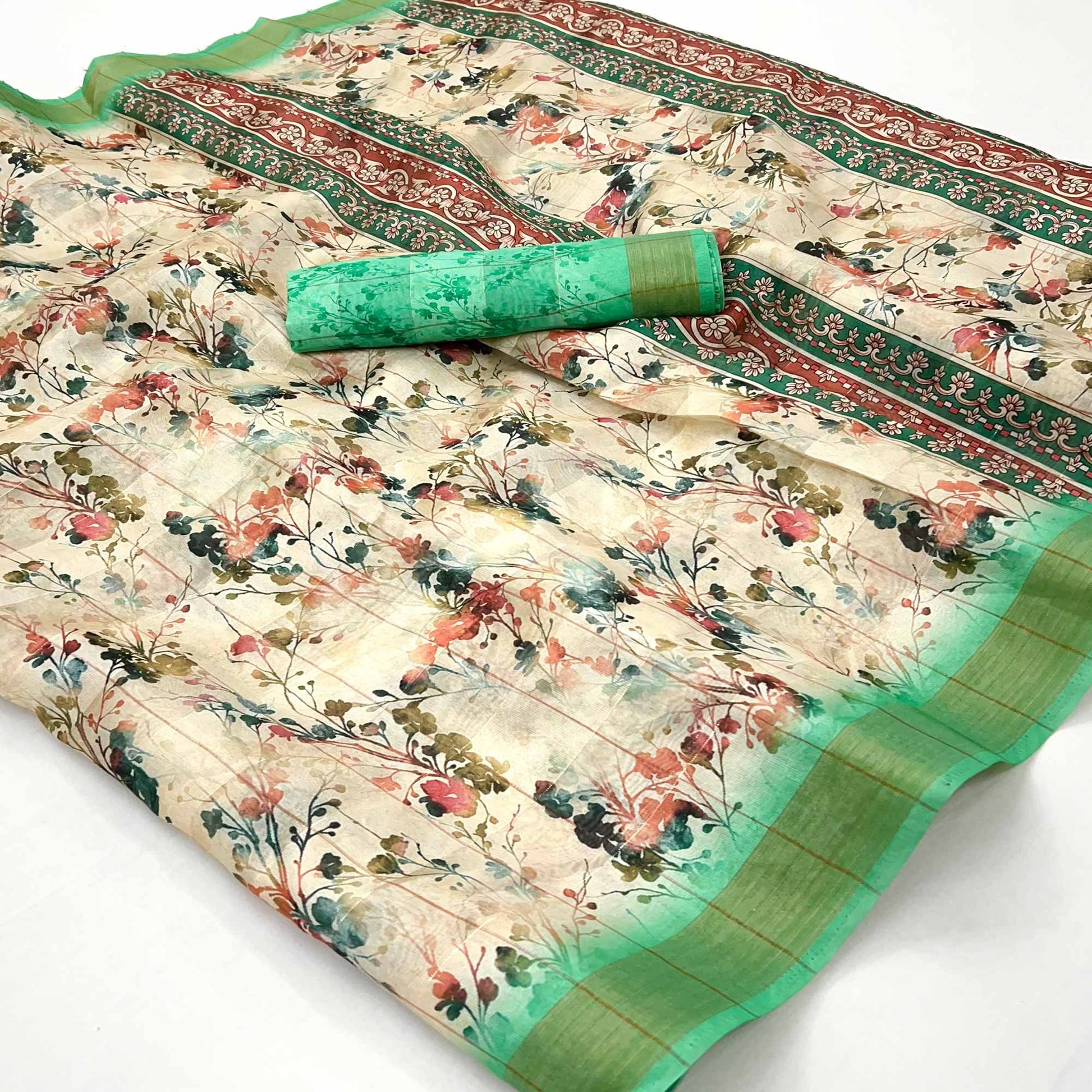Cream & Rama Green Floral Digital Printed Cotton Blend Saree
