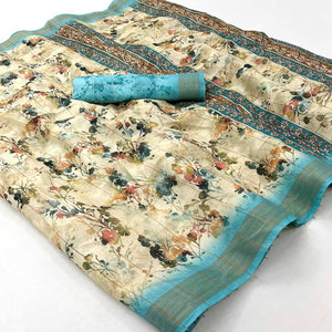 Cream & Blue Floral Digital Printed Cotton Blend Saree