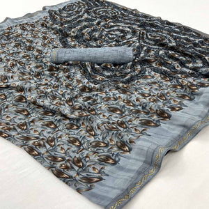 Bluish Grey Floral Printed Georgette Saree