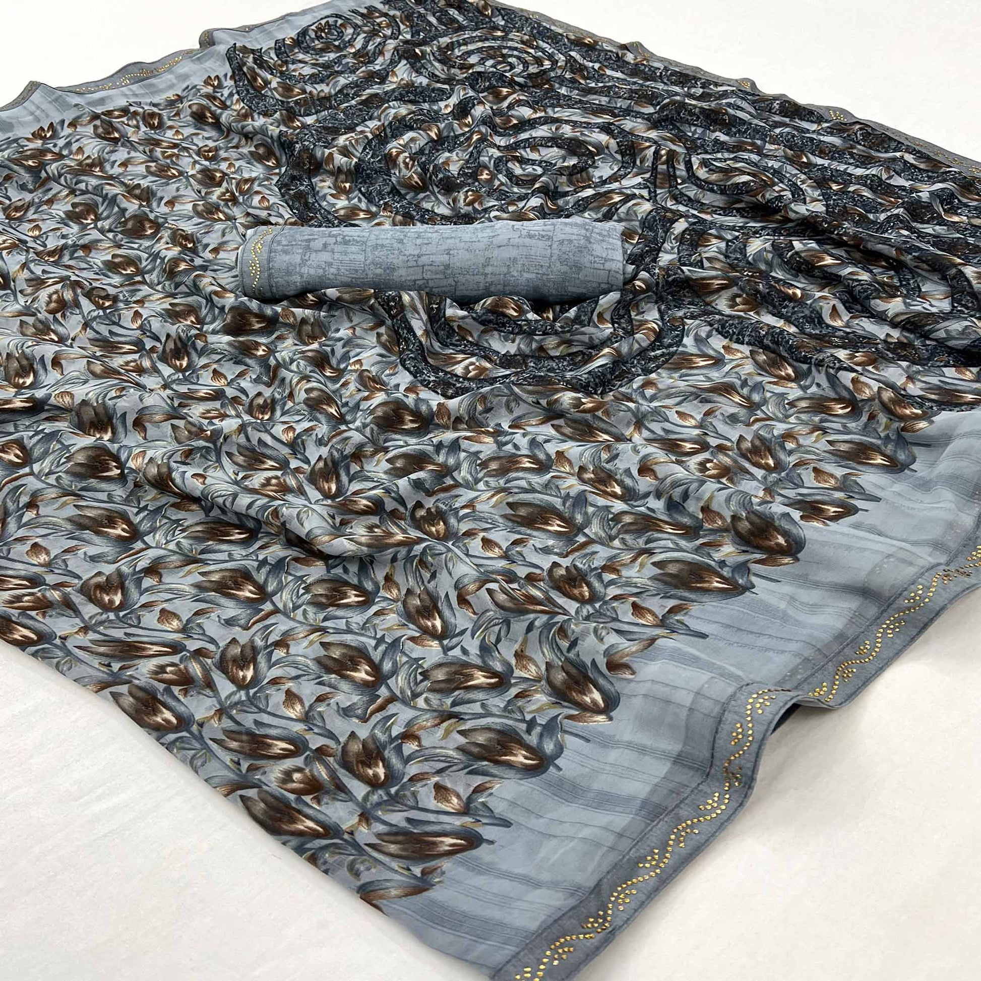 Bluish Grey Floral Printed Georgette Saree