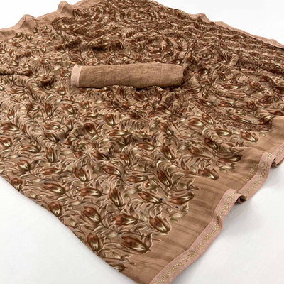 Brown Floral Printed Georgette Saree